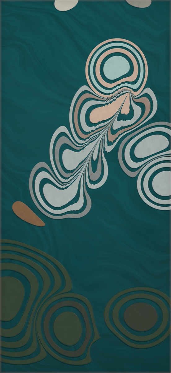A pulled Flewid print from the REEF water: a feathered comb cascade in silver-mint and blush on dark teal, exported by the app as a finished artwork.
